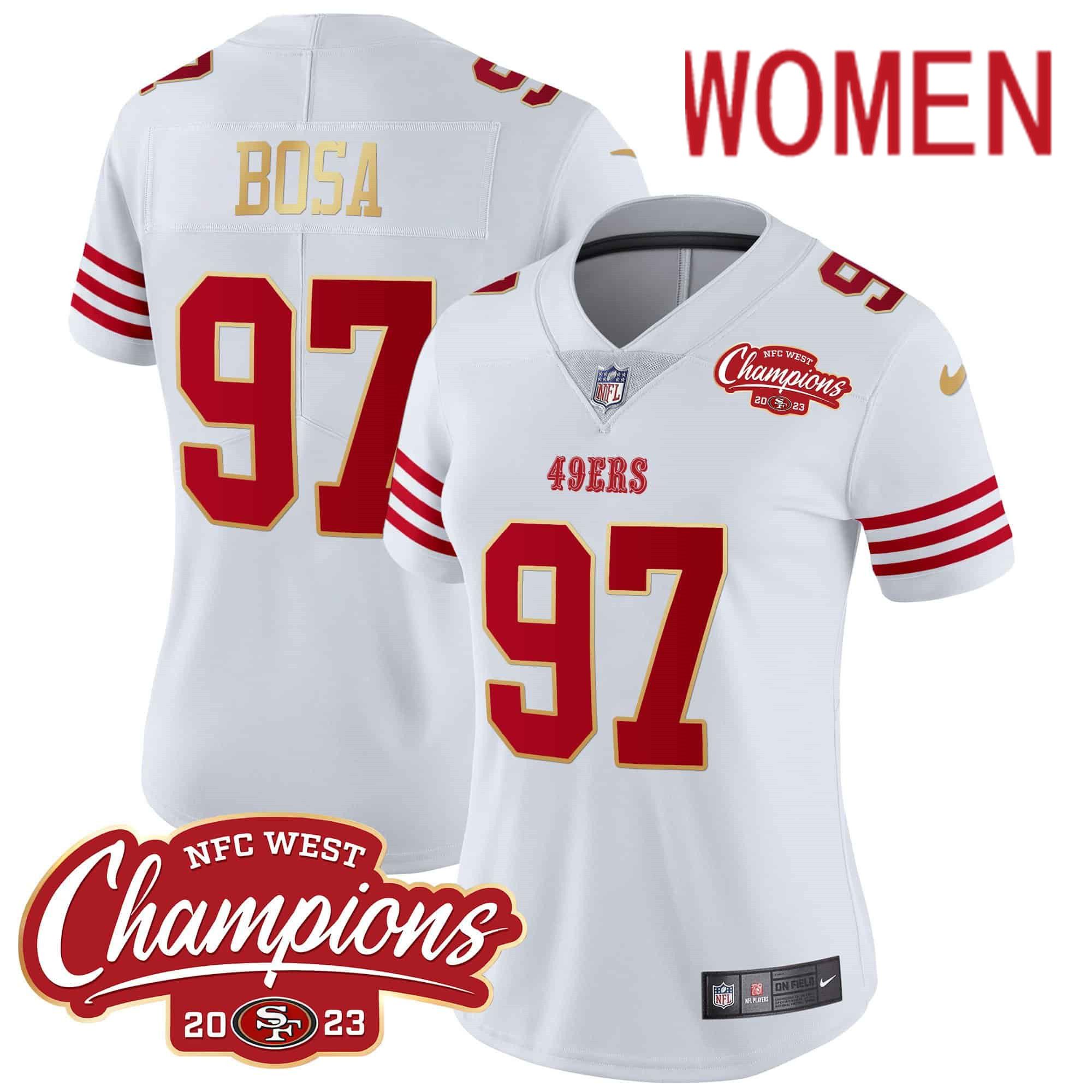 Women San Francisco 49ers 97 Bosa White 2024 Nike NFC West Champions Gold Trim Vapor NFL Jersey